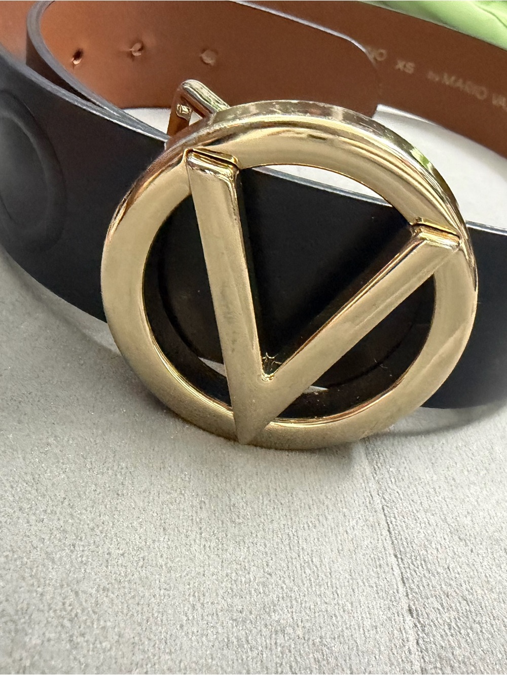 Valentino Black Leather Belt with Gold V Buckle